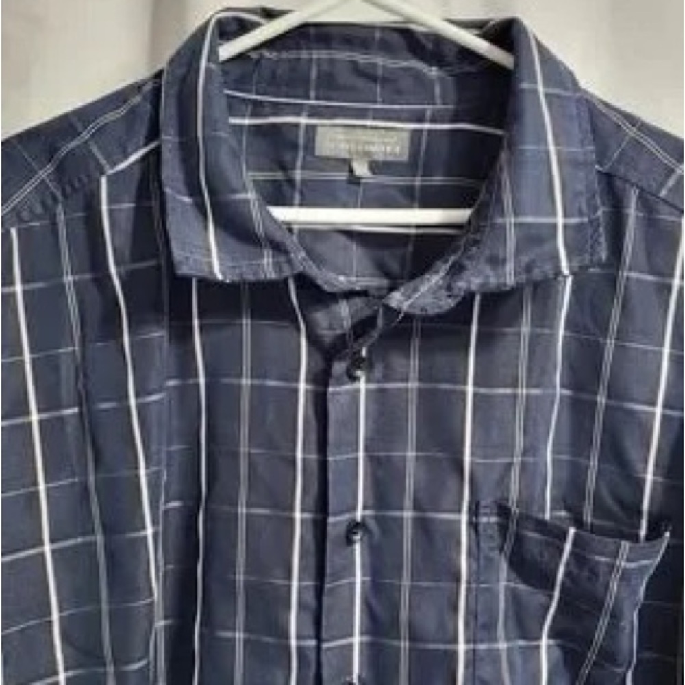 Denver Hayes Navy Blue Windowpane Short-Sleeve Button-Down Shirt - Picture 2 of 6
